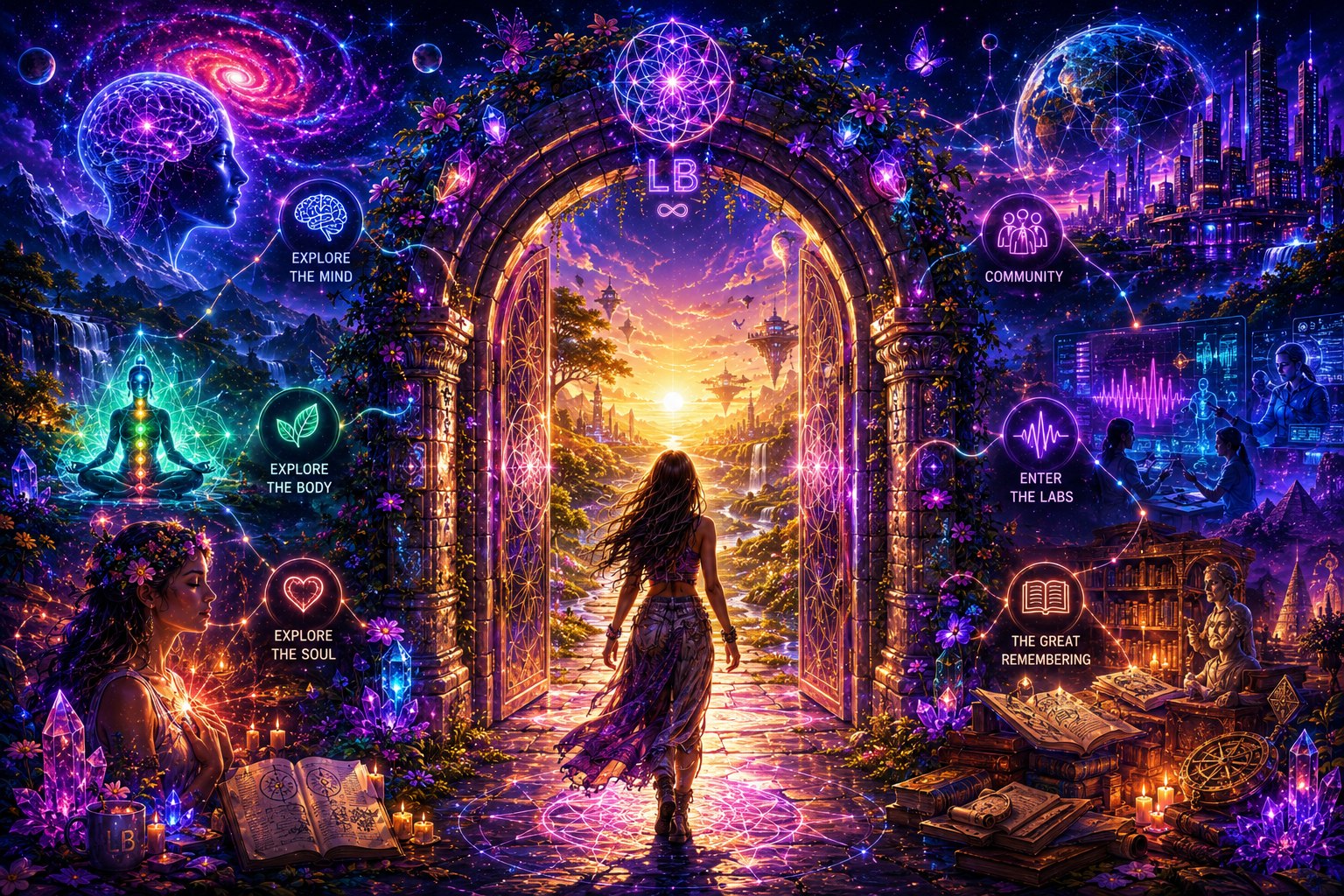 The Living Balance Explorer Gateway β a person stands at the threshold of a luminous portal, cosmic pathways branching into the Mind, Body, Soul, Labs, Community and The Great Remembering, framed by stars, sacred geometry and warm portal light.