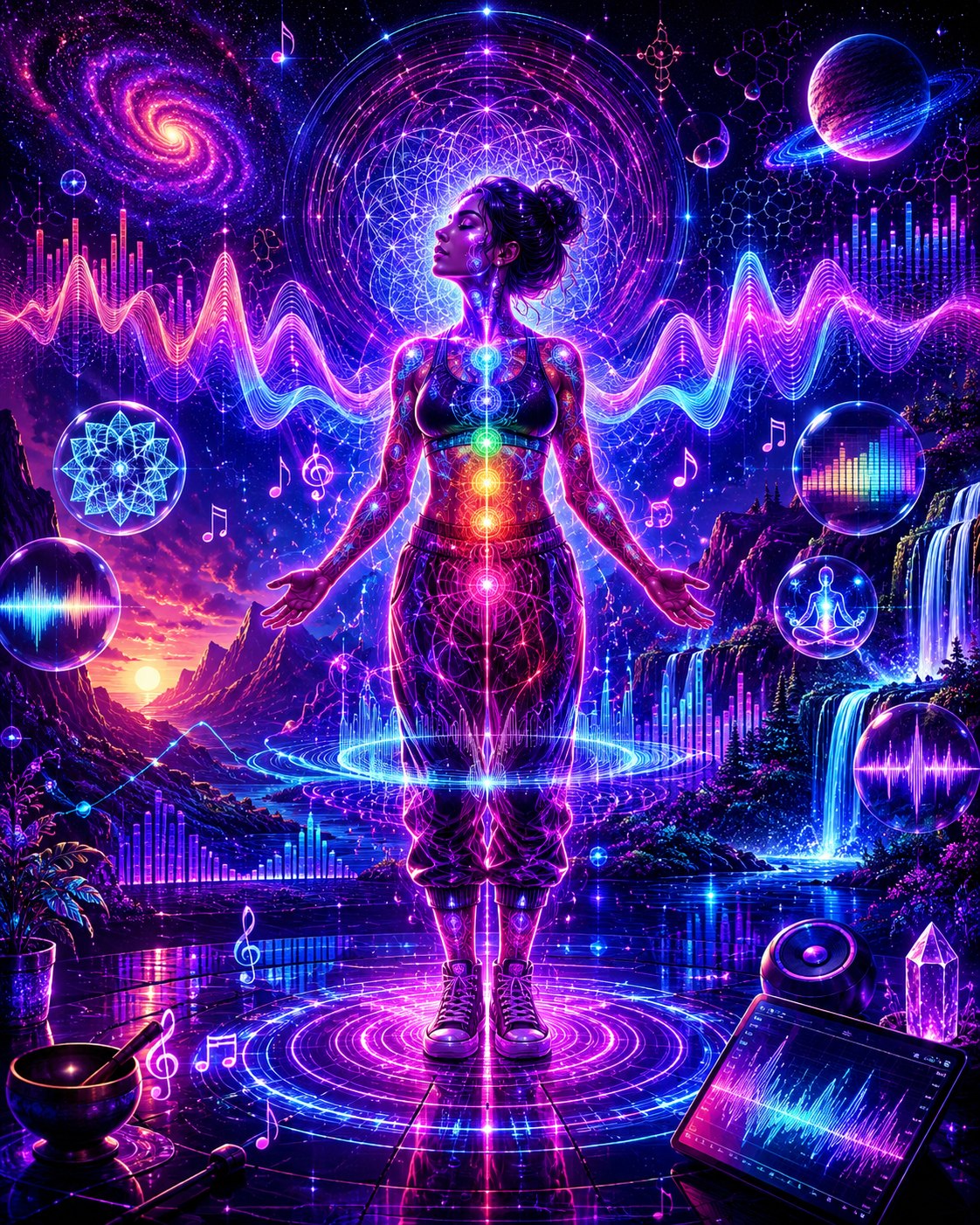 Feeling how your environment moves through you β a woman stands with arms open on a glowing sound-ring, her seven chakras illuminated up her spine, framed by sine waves, a galaxy, a Saturn-ringed planet, music notes, a mandala, waterfalls, sound-orbs and an equalizer tablet showing her voice as a frequency spectrum.