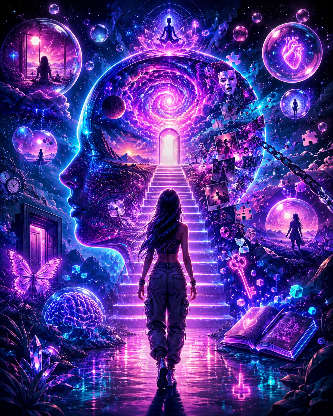 Standing at the entrance to your own subconscious β a figure walks a glowing staircase into a cosmic portrait of a head-shaped portal filled with galaxies, doorways, memories, chains, keys, puzzle pieces, a butterfly, a brain, a book of light and a meditator seated on a lotus above the mind.