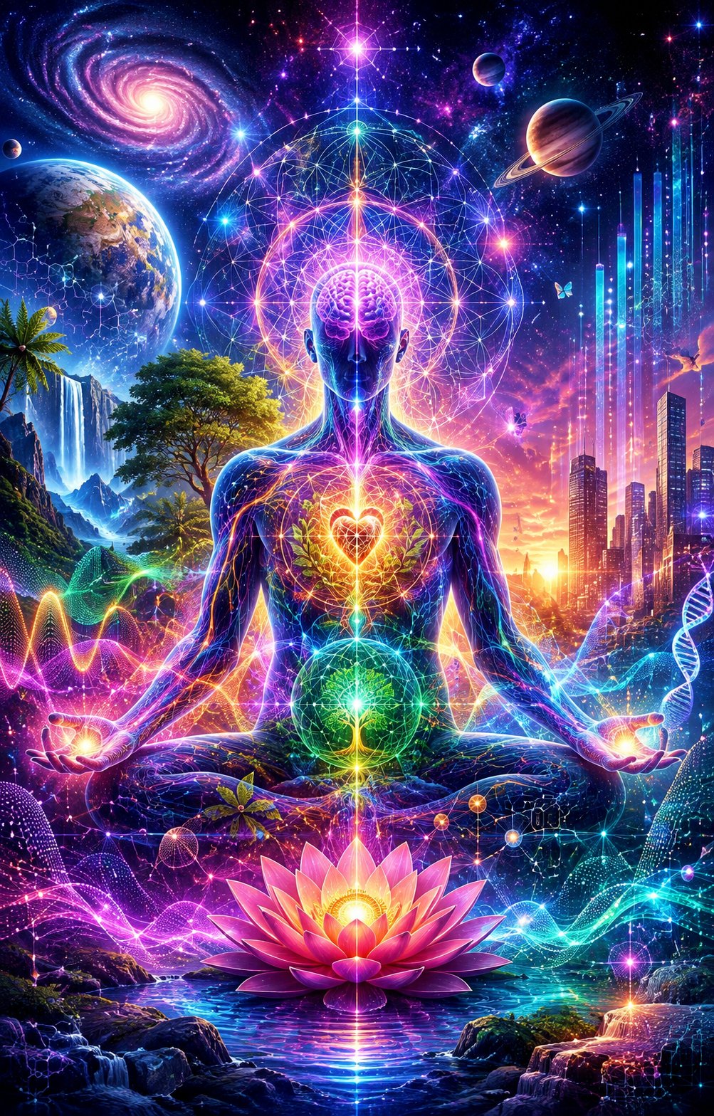 The Living Balance Universe β a luminous meditator in lotus pose with rainbow chakras up the spine, a Tree of Life at the heart, a lotus at the feet, and a cosmos of galaxies, planet Earth, Saturn, waterfalls, a distant future city and a spiraling DNA helix all around.